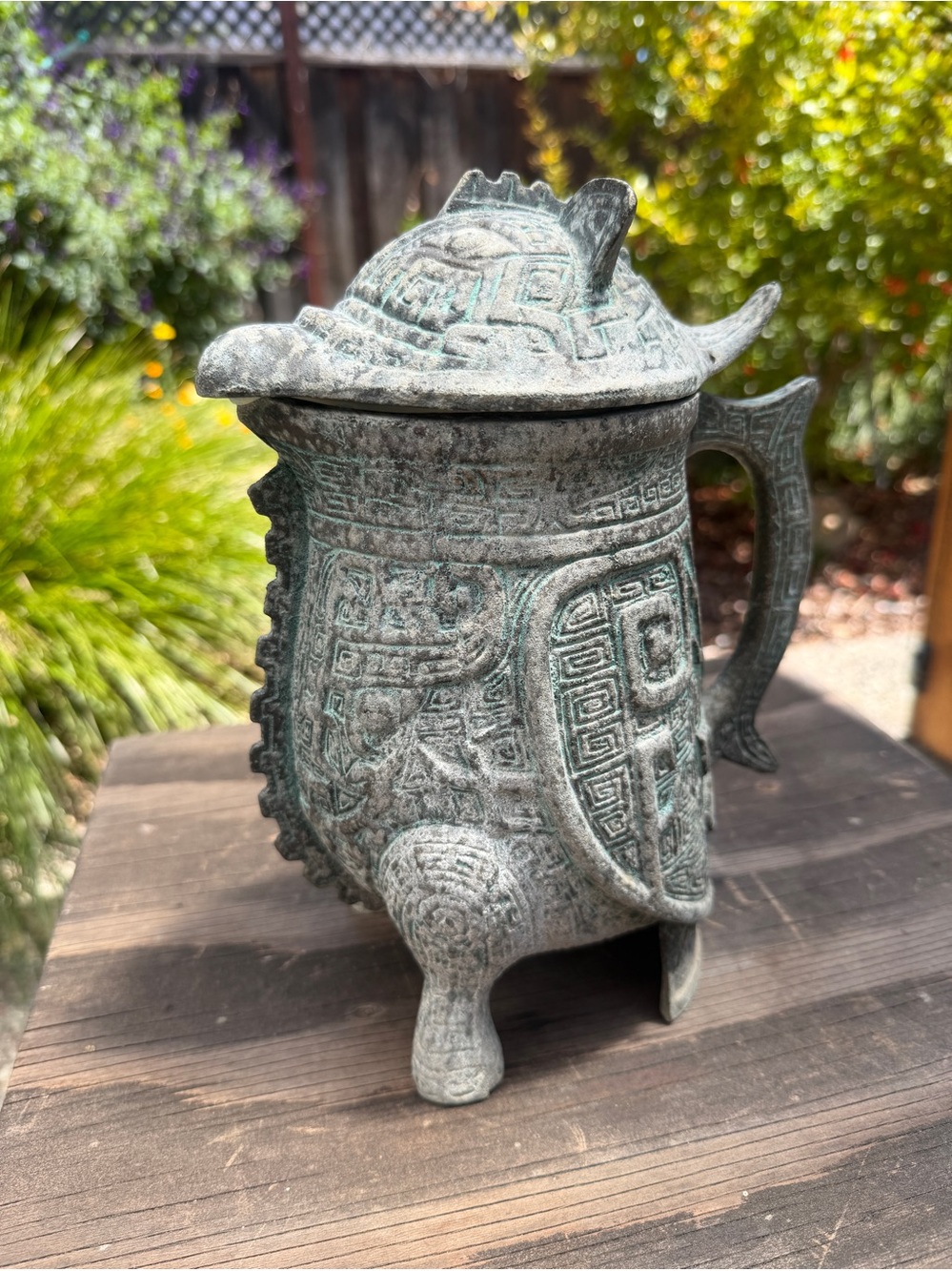 Vintage James Mont style Taotie Verdigris Design Barware Pitcher Faux Bronze